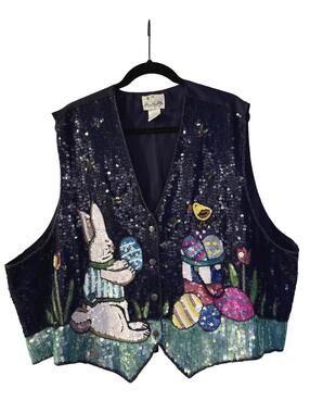 VTG Quacker Factory Sequin Easter Bunny & Chick Sequin Vest - Plus Size 3X